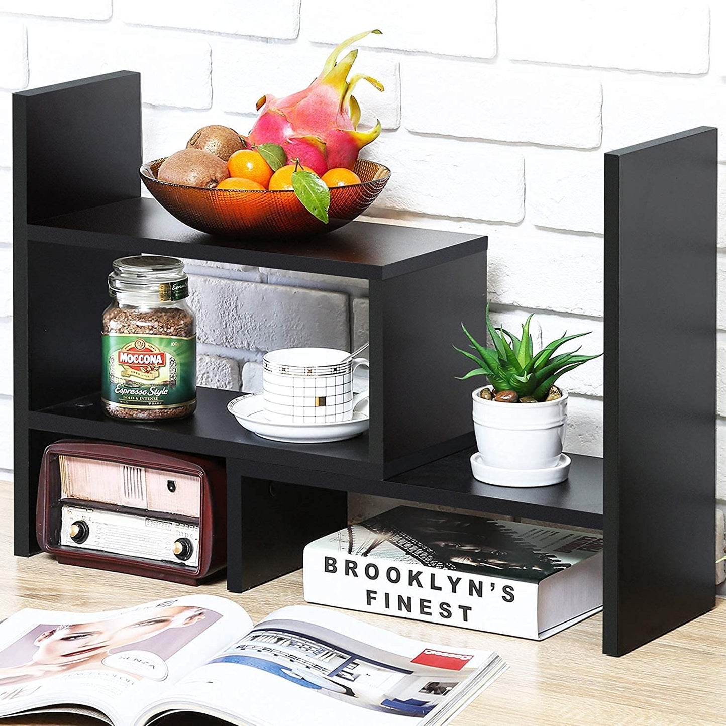 Sorfity Desktop Bookshelf Desk Storage Organizer Adjustable Wood Desktop Display Shelf Rack Counter Office Storage Rack Top Bookcase - Free Style Display Natural Stand Office Supplies Desk Organizer