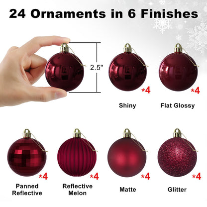 Maroon 2.5" Christmas Balls Christmas Tree Decoration Ornaments Shatterproof Hanging Balls for Birthday Halloween Holiday Wedding Decorations Set of 24pcs