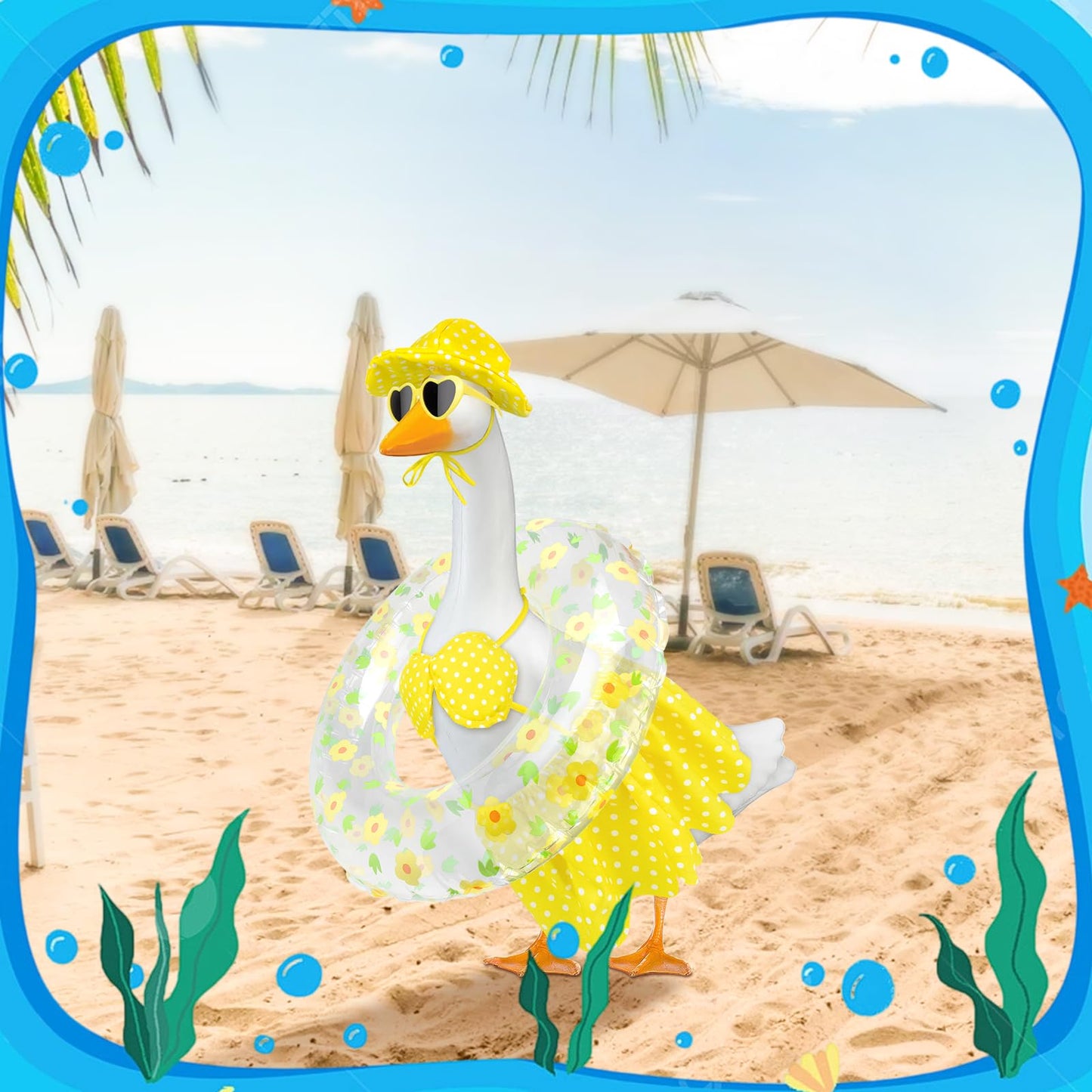 PaLuQiYa Hawaiian Goose Outfit with Sunglasses & Wreath,Porch Goose Outfits for 23" 17" Cement Plastic Goose Clothes Costumes,Garden Decor Duck Costume for Outdoor Statues(Bikini)