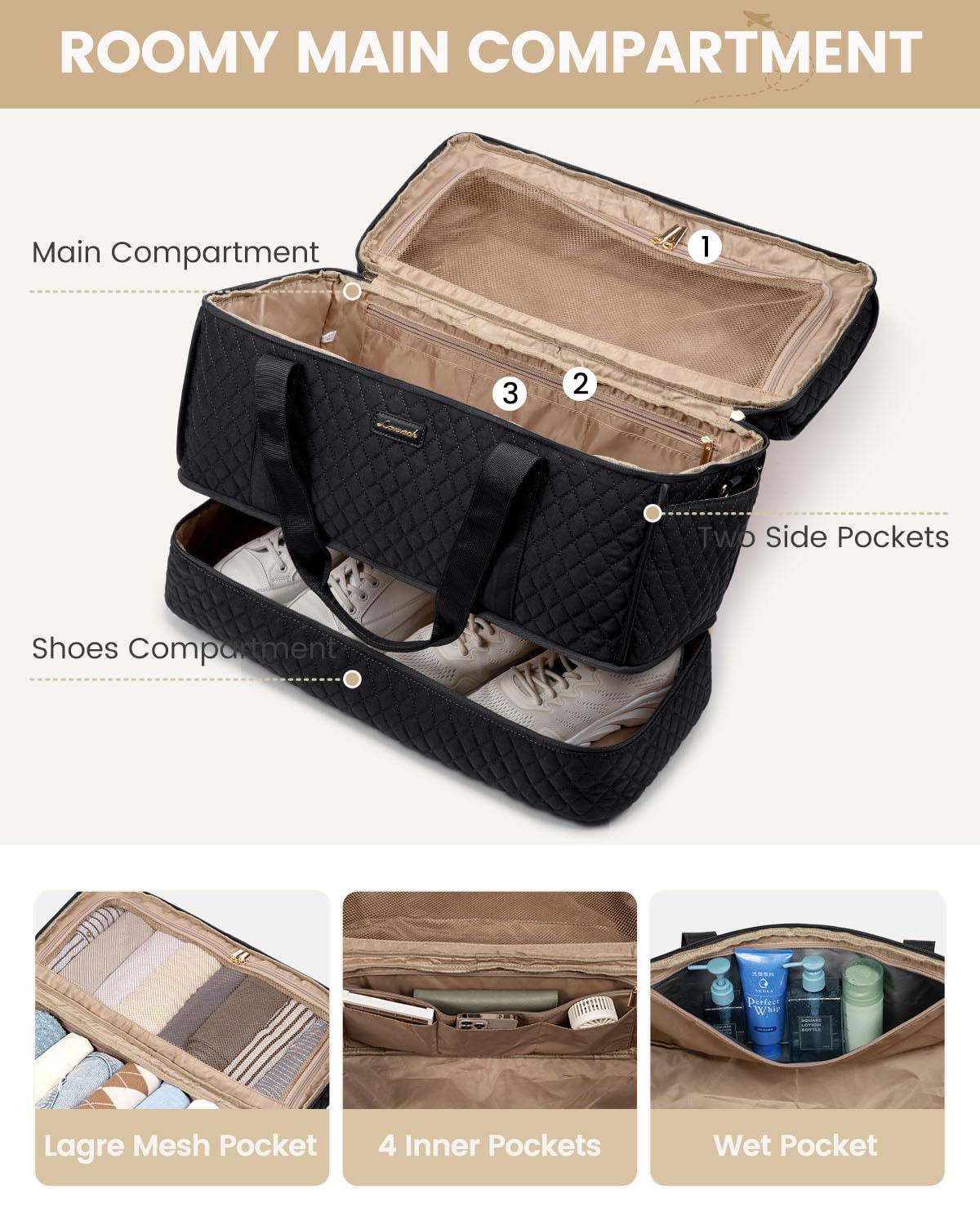 LOVEVOOK Large Travel Duffle Bag, Weekender Bags for Women With Shoe Compartment, Overnight Hospital Bag For Women Labor Delivery, Carry on Bag Personal Item Travel Bag, Yoga Gym Duffel Bag, Black