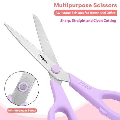 Scissors, iBayam 8" All Purpose Scissors Bulk 3-Pack, Ultra Sharp 2.5mm Thick Blade Shears Comfort-Grip for Aesthetic Fun Cute School Office Teacher Desk Crafts and Art Supplies Accessories Essential