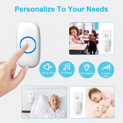 Wireless Doorbell, SECRUI Door bell Over 1000ft Coverage with 2 Plug-In Receivers, 1 Waterproof Push button, 52 Chimes, 110dB loud Sound Colorful LED Flash