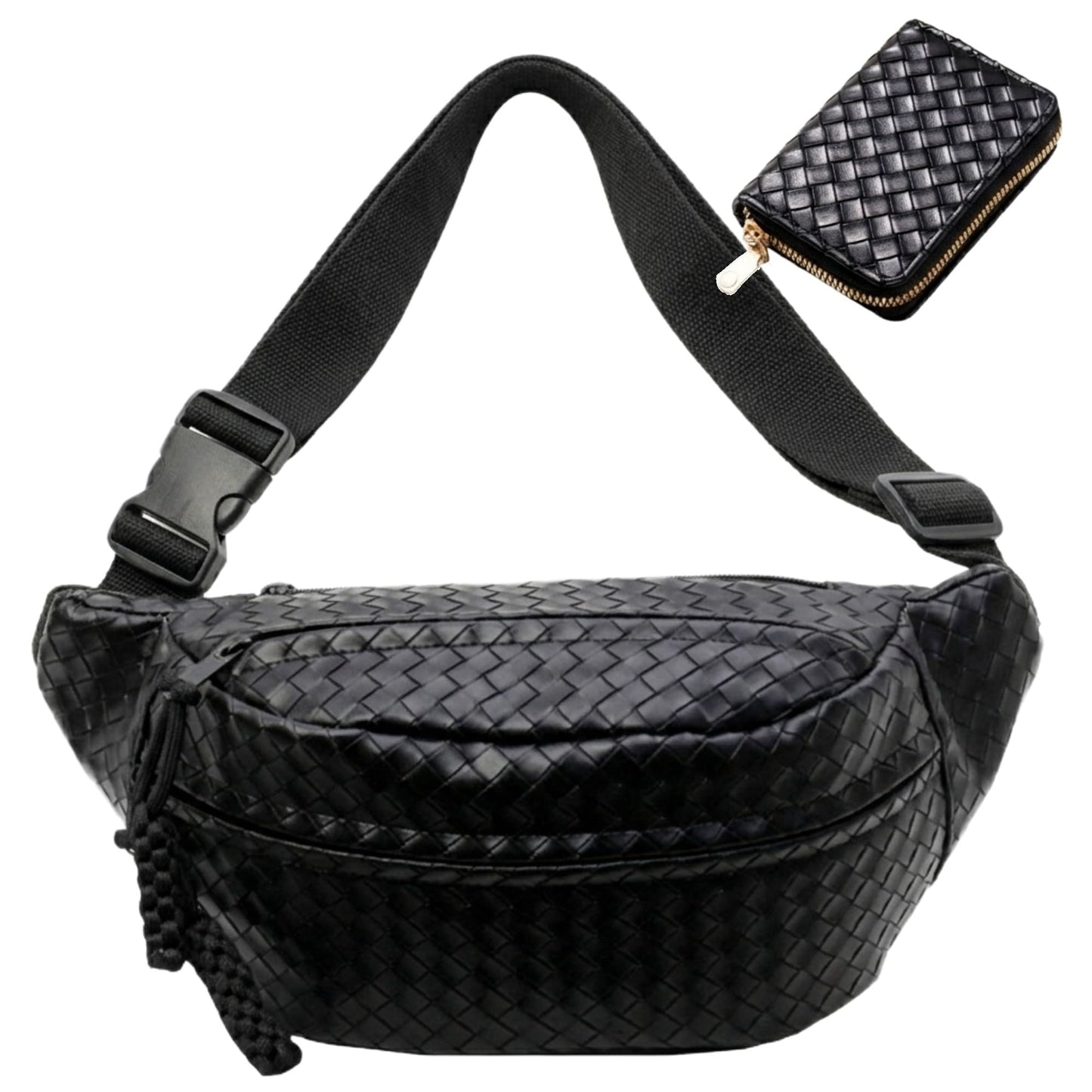 Woven PU Leather Fanny Packs for Men and Women, Stylish Shoulder Sling Crossbody Purse Adjustable Strap, Unisex Bum Waist Bags for Festival Travel Shopping Outdoor (Black, Medium)