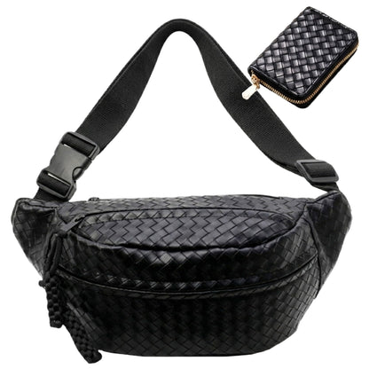 Woven PU Leather Fanny Packs for Men and Women, Stylish Shoulder Sling Crossbody Purse Adjustable Strap, Unisex Bum Waist Bags for Festival Travel Shopping Outdoor (Black, Medium)