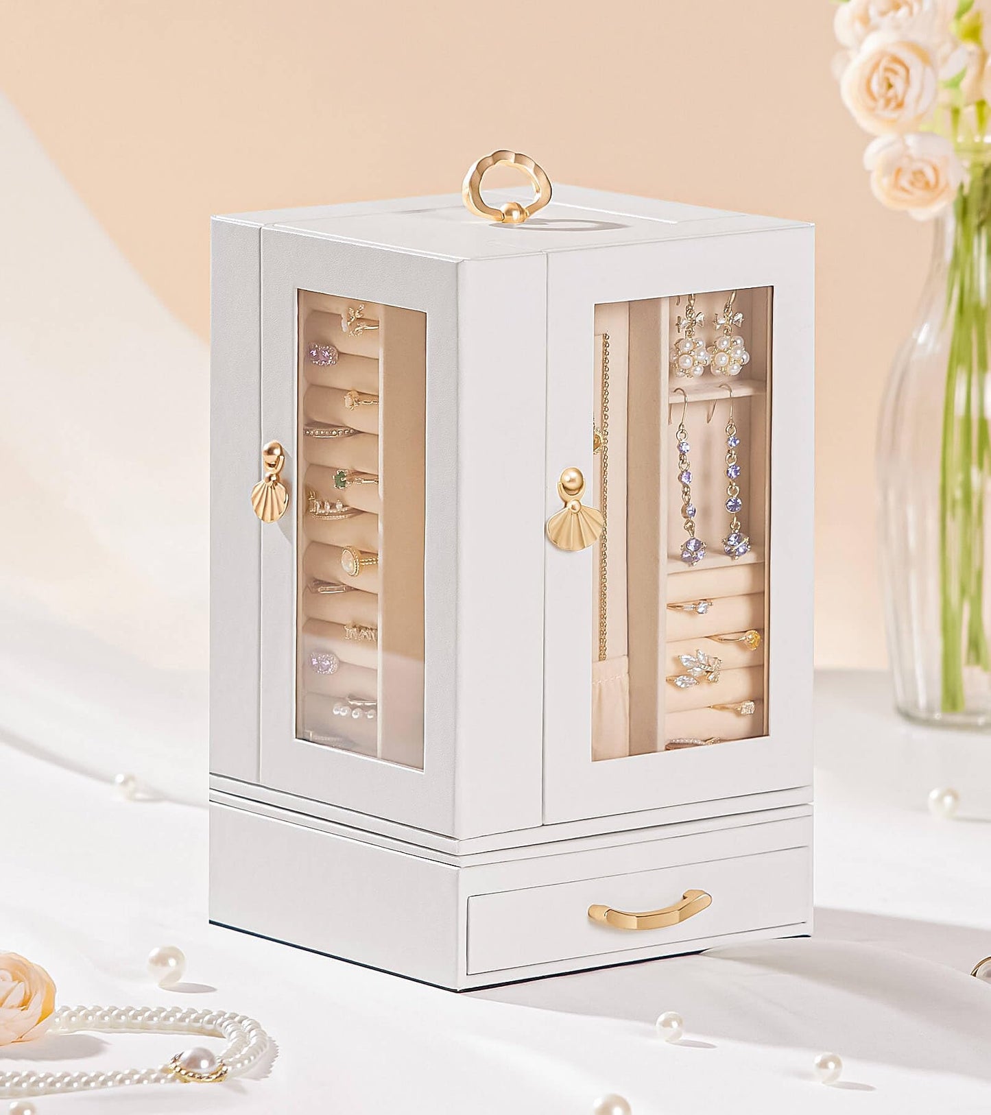 Enthralite Jewelry Box Large for Dresser: Women Necklace Ring Storage Organizer with Compartments - Elegant Earring Holder Display - 360° Rotating Jewelry Organizer with Glass Door