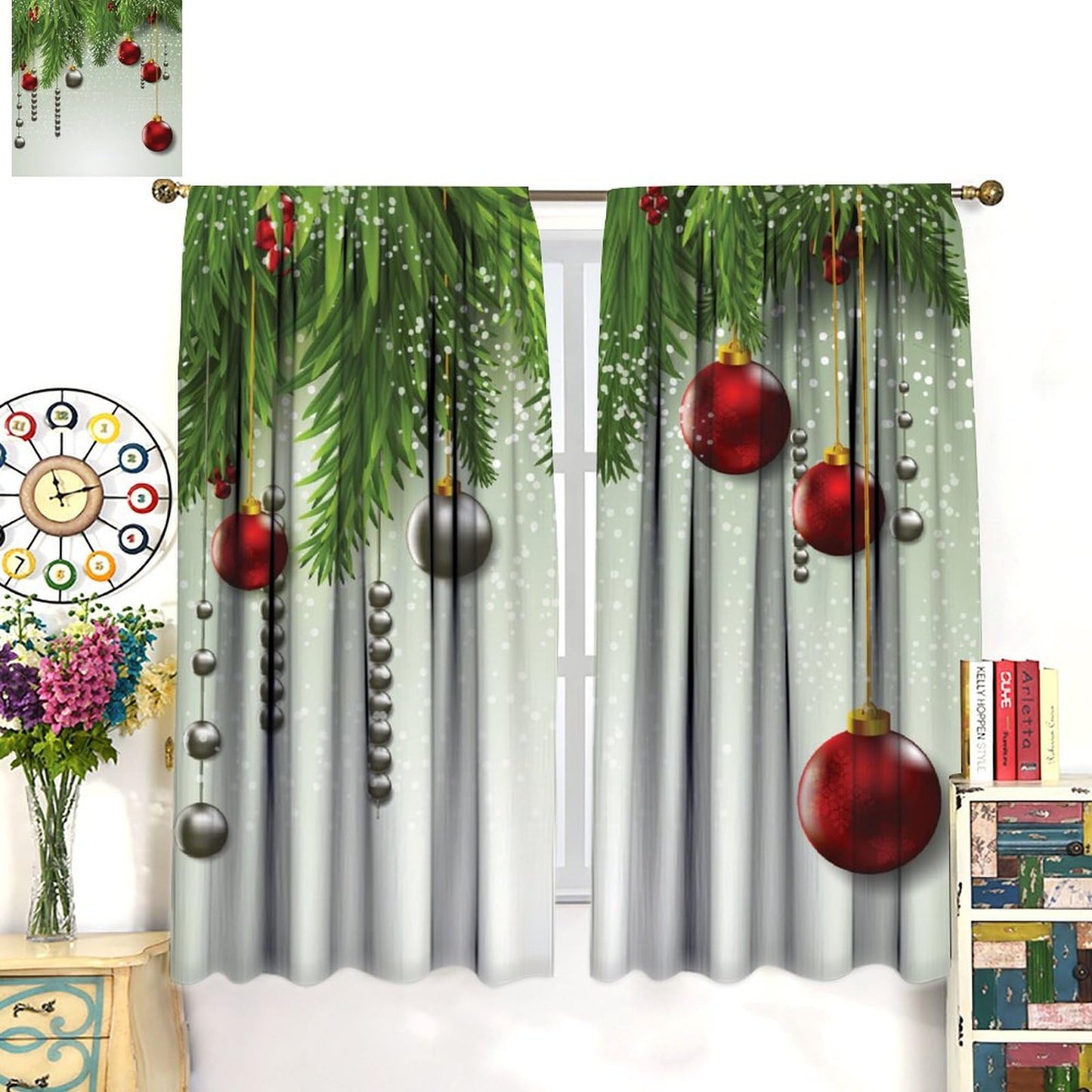 Christmas Curtain Decor Ball Coniferous Pine Tree Twig Tinsel Merry Xmas Window Treatment for Living Room Bedroom Dining Home Decor Window Drapes 42" W X 45" L