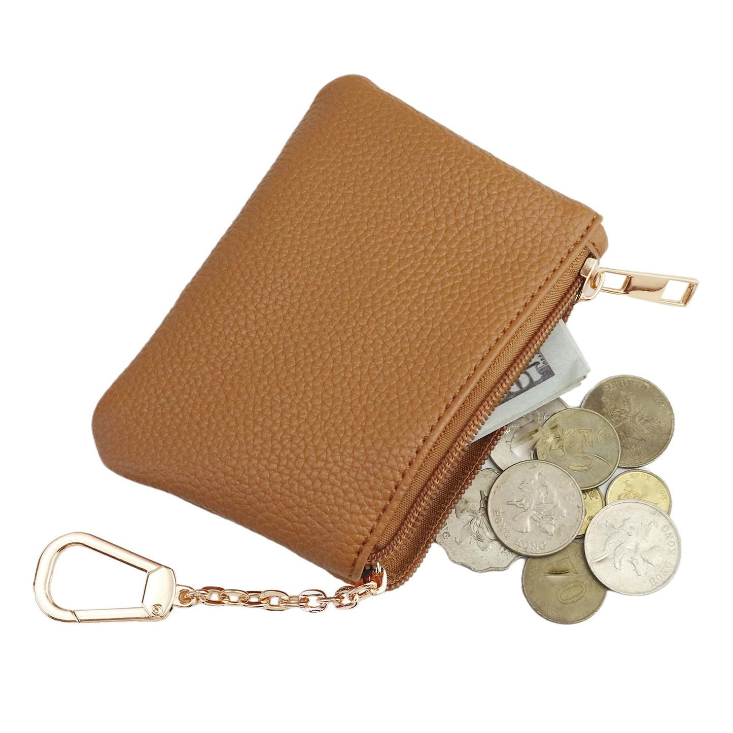 Keychain Coin Purse, Small Change Purse with Card Holder, Keychain Pouch Wallet for Women and Men (Brown)
