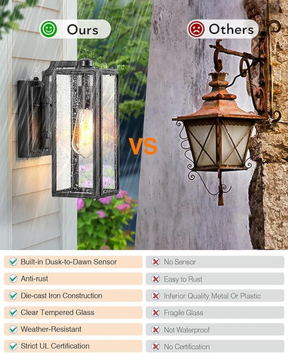 VIANIS Outdoor Wall Light Fixtures,Dusk to Dawn Outdoor Wall Lanterns,Anti-Rust Wall Mounted Lighting with Glass Shade, Black Wall Lamp with E26 Socket for Porch, 2 Pack