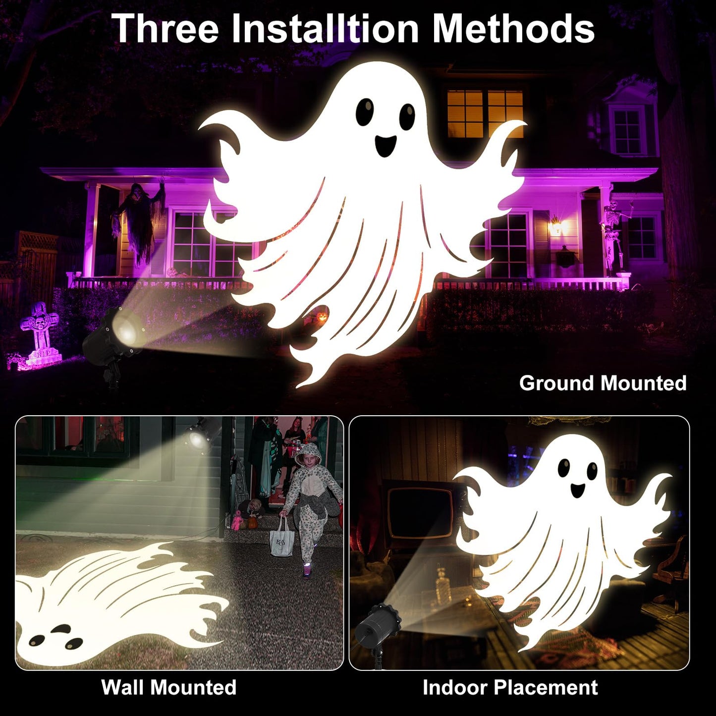 Treela Halloween Projector Lights Outdoor Cute Ghost Lights Decoration Dynamic Outside Indoor LED Landscape Lamp for Holiday Garden Supplies