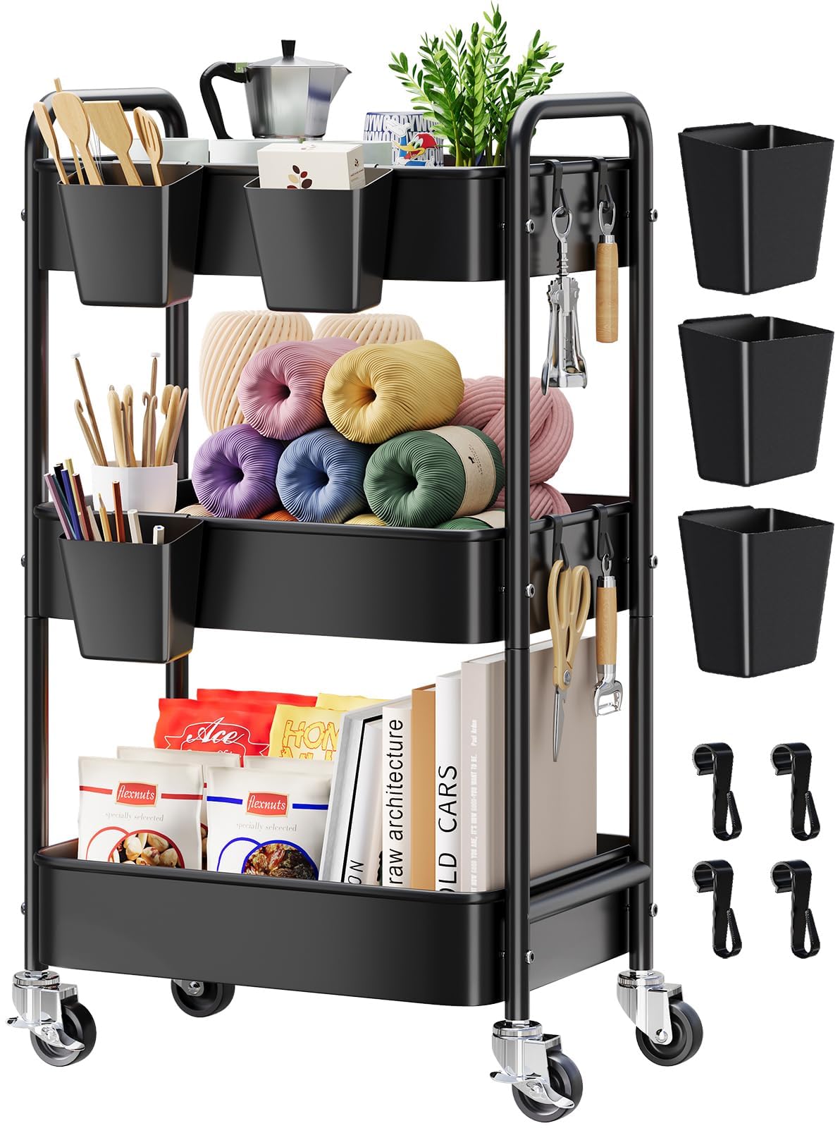 3 Tier Rolling Cart Metal with Wheels, Black Three Tiered Art Cart Organizer on Wheels, Storage Utility Trolley Carts for Kithcen, Craft, Nail, Lash, Makeup, Salon,Bedside, Bathroom, Office, Snack