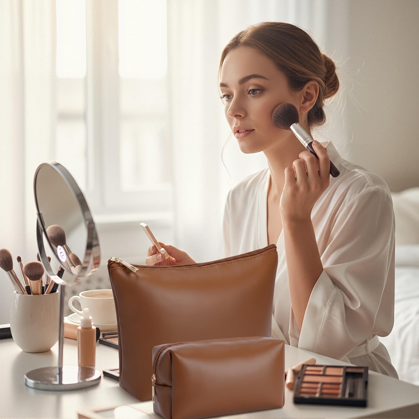 Kigeli 2 Pcs PU Leather Makeup Bag Set for Women Waterproof Aesthetic Cosmetic Bag Large & Small Travel Toiletry Organizer Pouch Skincare Organizer Bridesmaid Mother's Day Birthday Gift(Brown)