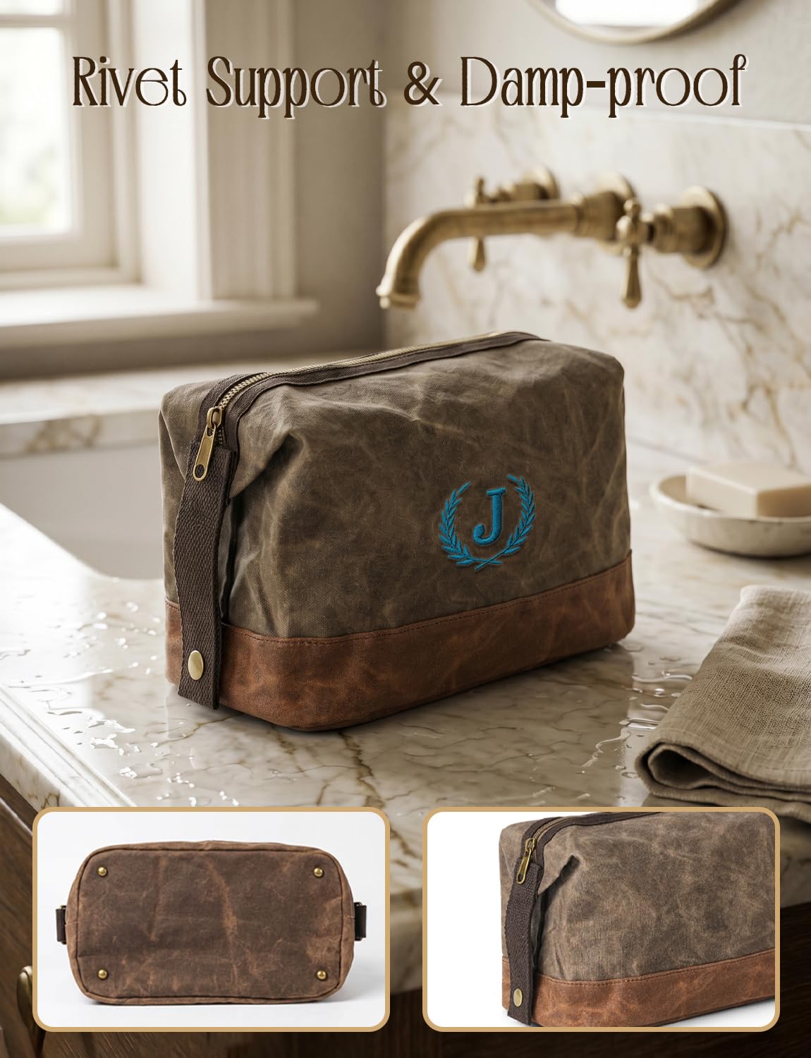 Personalized Toiletry Bag Fathers Day Birthday Gifts for Men, Large Waxed Canvas Travel Dopp Kit Monogrammed Initial Embroidery, Waterproof Shaving Case for Gym Camping Hiking Weekend Trip Letter J