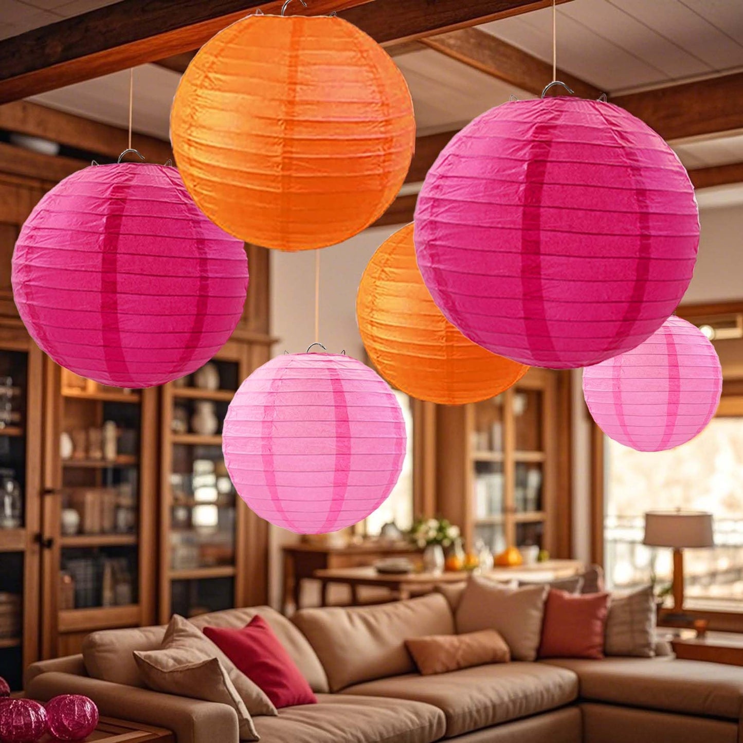 KUNYYI Hot Pink-Orange and Pink Paper Lanterns 12Pcs Hanging Lanterns for Birthday Party, Wedding, Home Decor, Baby Shower Festive Decoration