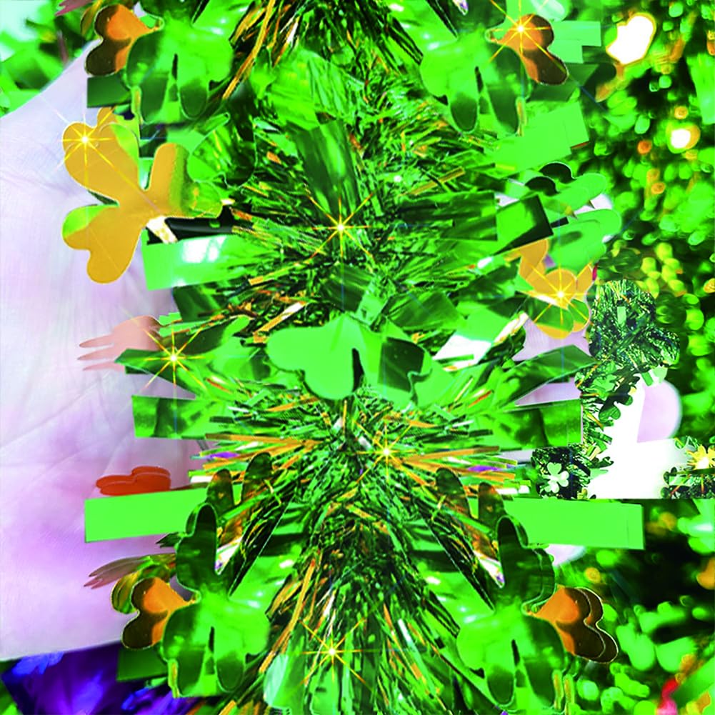 66 Ft St.Patrick's Day Tinsel Garland 2Pcs Green with Shamrock Saint Patricks Day Decorations for Saint Patrick's Day Party Decor Shiny Hanging Clover Green Tinsel Garland