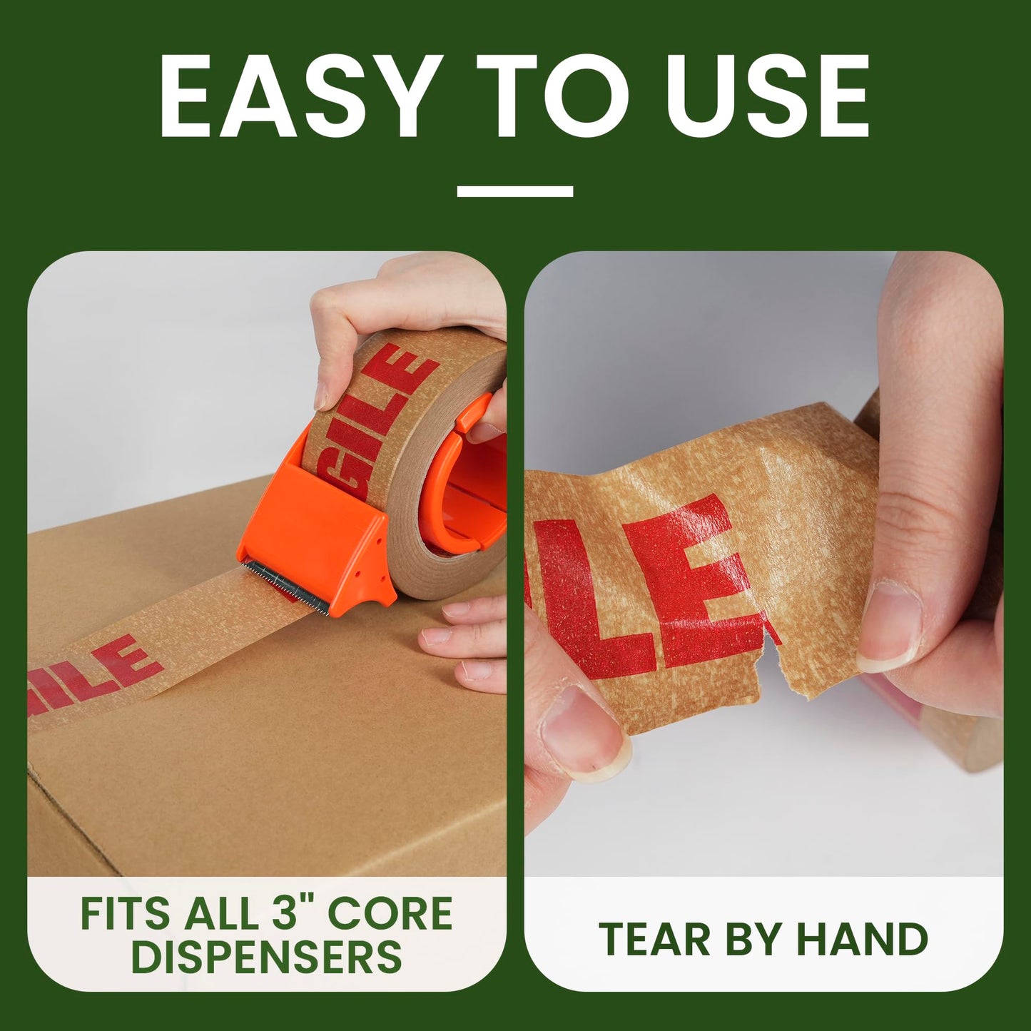 TAPEBEAR Fragile Tape Eco-Friendly Kraft Paper Tape 2Inch x 55Yard, Biodegradable Packaging Brown Paper Tape Self Adhesive Box Tape for Small Business, Shipping, Sealing, Moving, 6Rolls