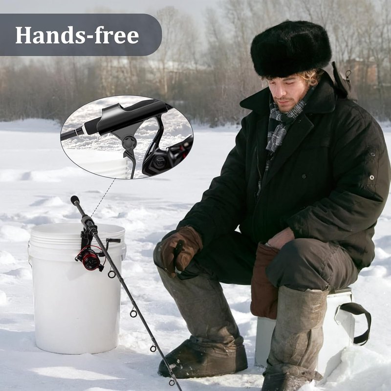 Adjustable Bucket Rod Holder for Ice Fishing - Clip-On Mount, Foldable & Adjustable Angle