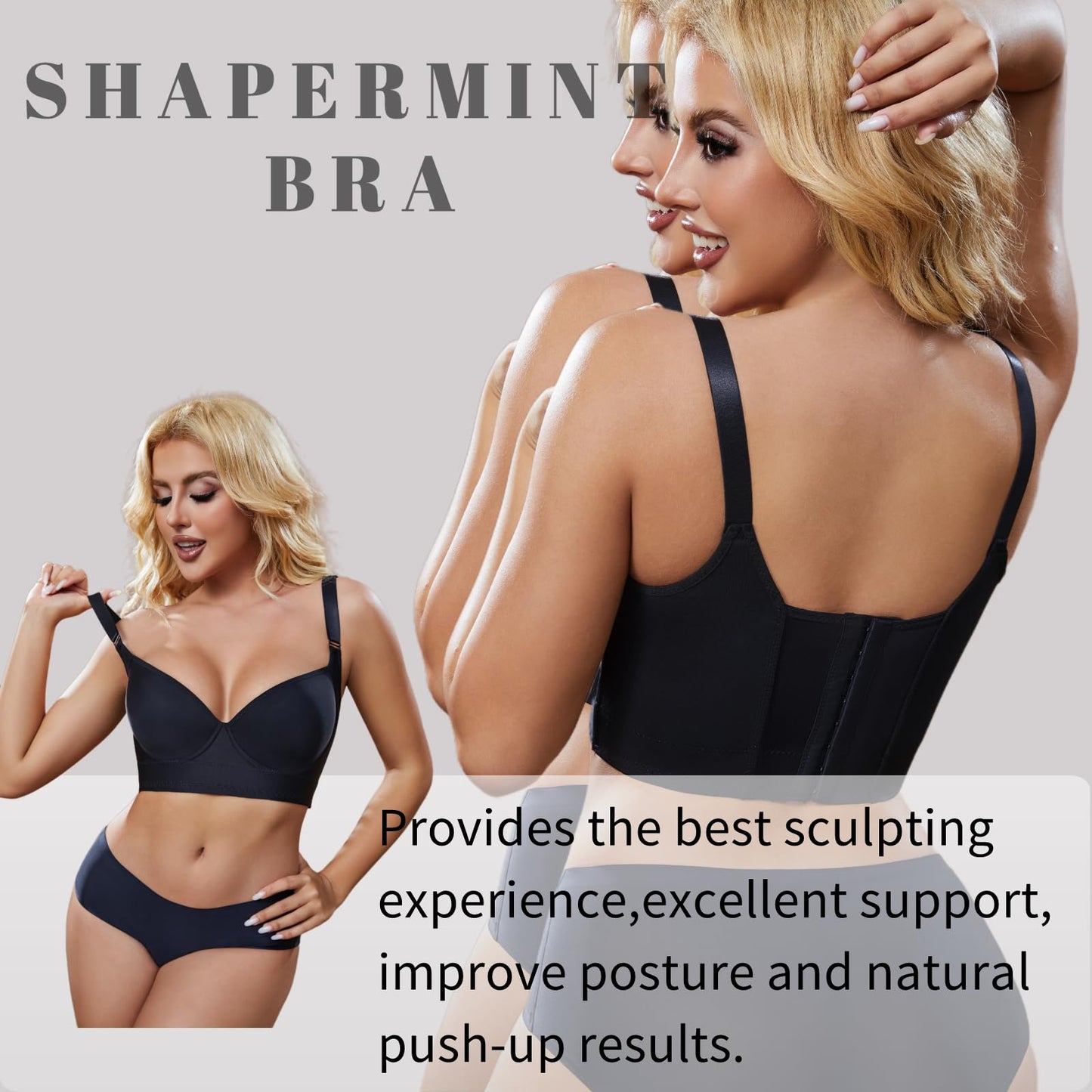 Simpyiss Bra Push Up She Curve Back Smoothing Bra Posture Corrector Bra(Black,38D)
