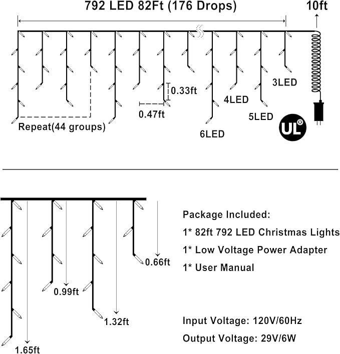 792 LED Christmas Lights with 176 Drops,82ft 8 Modes Fairy Hanging String Lights with Timer Waterproof, Plug-in Christmas String Lights for Holiday Wedding Party Christmas Decorations (Cool White)