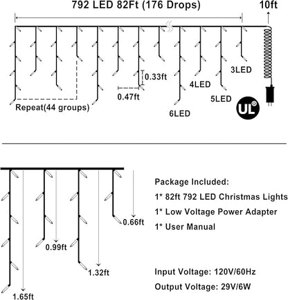 792 LED Christmas Lights with 176 Drops,82ft 8 Modes Fairy Hanging String Lights with Timer Waterproof, Plug-in Christmas String Lights for Holiday Wedding Party Christmas Decorations (Cool White)