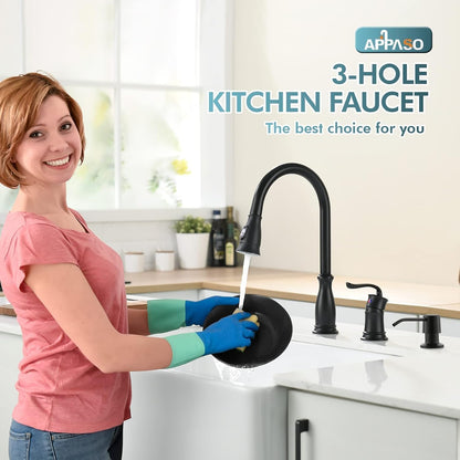 APPASO 3 Hole Kitchen Faucet with Pull Down Sprayer, Kitchen Faucets with Soap Dispenser, 3 Pieces Kitchen Sink Faucet with Separate Handle, Matte Black Kitchen Faucet 3 Hole, 218MB