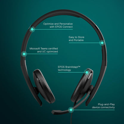 EPOS I SENNHEISER C10 USB Headset with Microphone | Wired Headphones with Simple and Flexible USB C Connection and EPOS BrainAdapt™ Technology ,Black