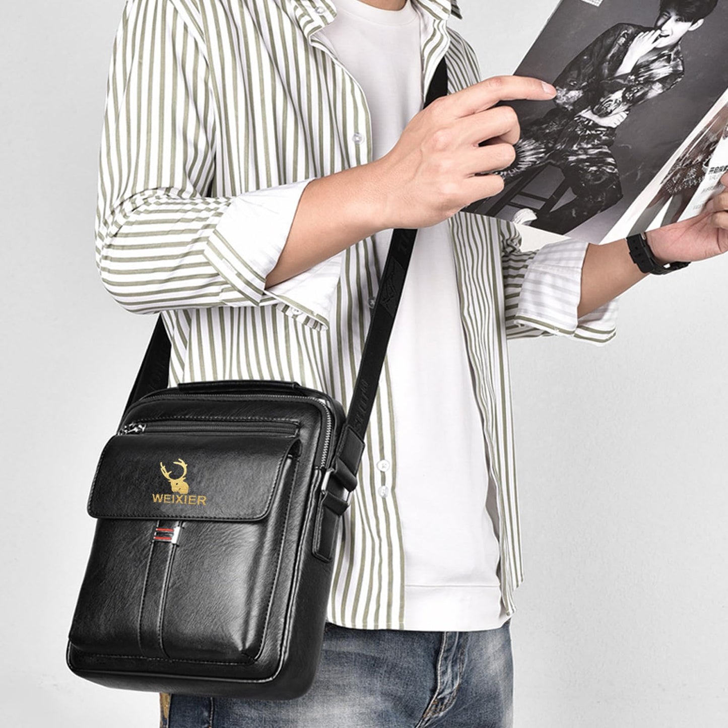 Messenger Bag for Men Crossbody Shoulder Purse Small Vintage PU Leather Satchel Pouch Side Crossover Handbag (Men Handbag for Black)