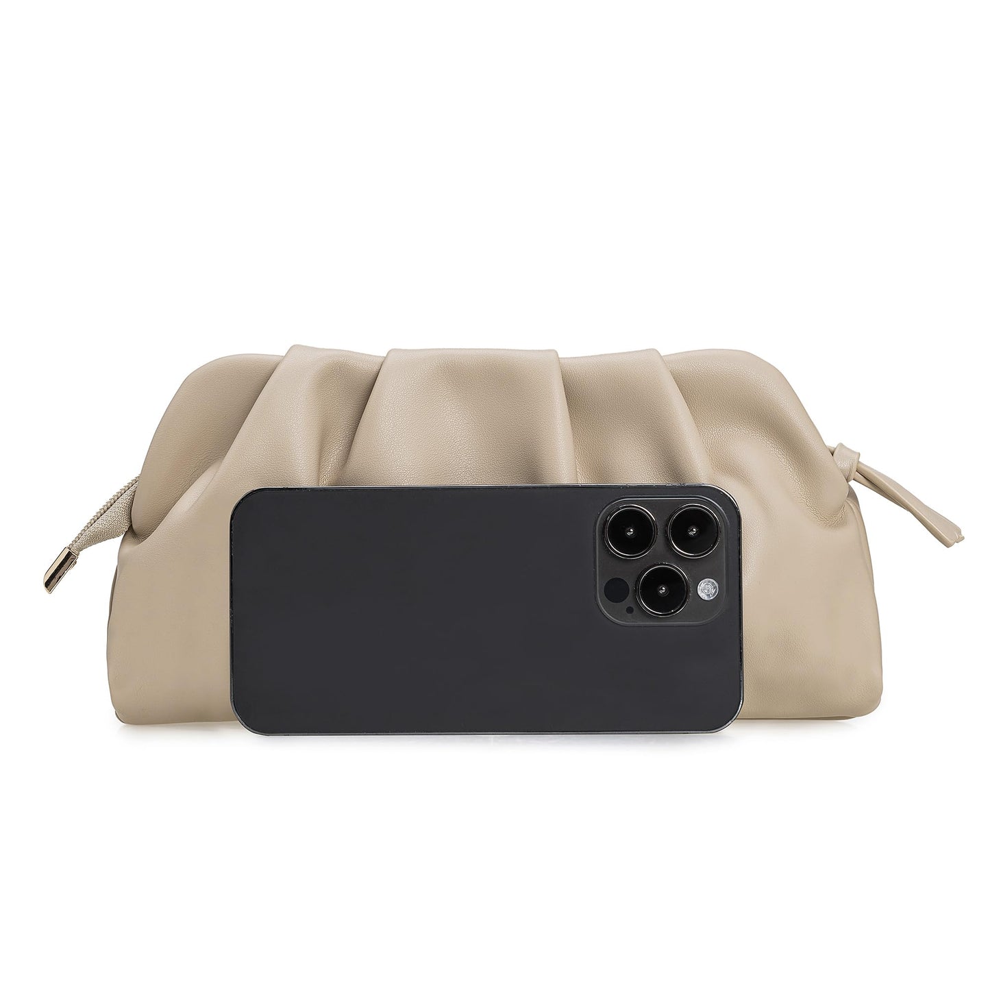CHARMING TAILOR Chic Soft Vegan Leather Clutch Bag Dressy Pleated PU Evening Purse for Women (Beige)