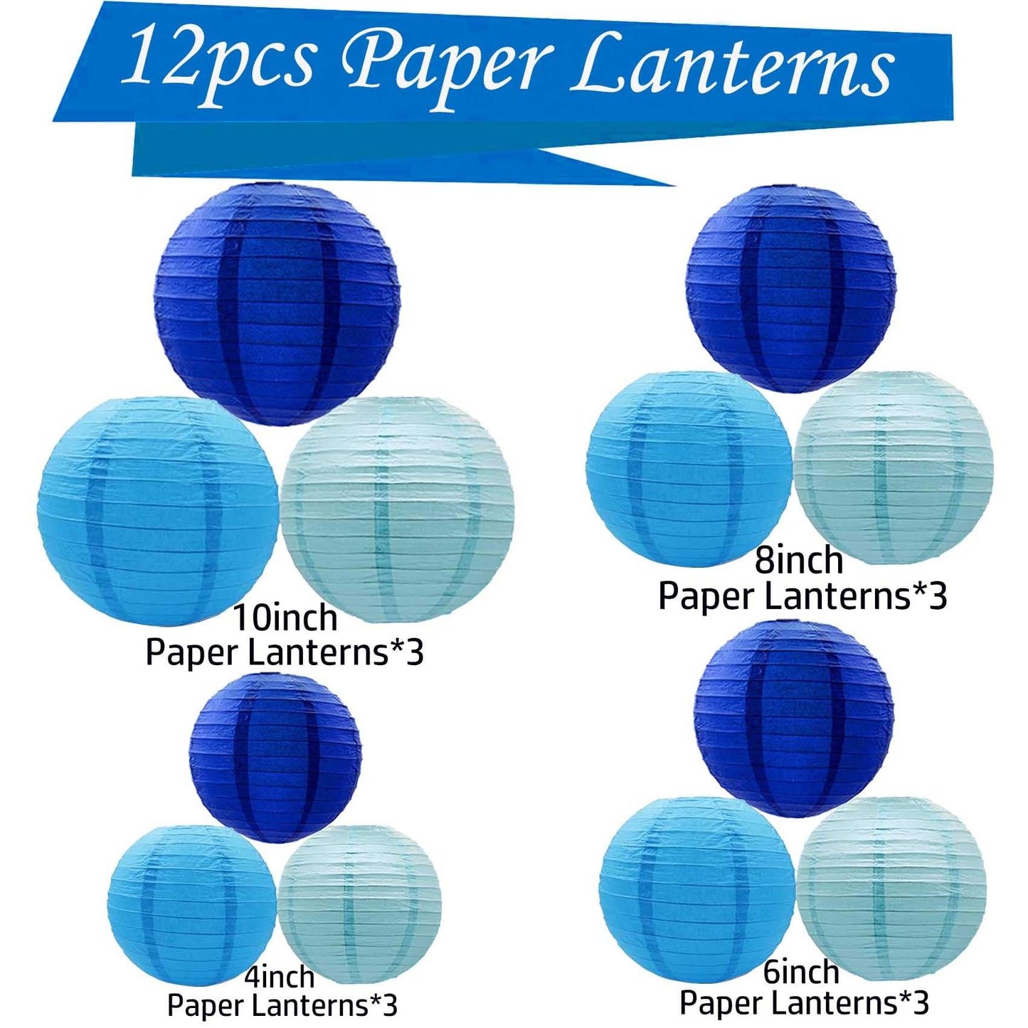 Blue Paper Lanterns 12Pcs Hanging Lanterns for Birthday Party, Wedding, Home Decor, Baby Shower Festive Decoration