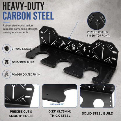 Macebell Storage Rack | Heavy-Duty Wall Mount Holder, 5.75mm Solid Thick Steel for 3 Sizes Mace Bells & Indian Clubs, UHMW Protective Padding with Complete Multi-Surface Mount Hardware