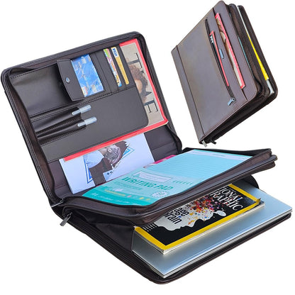 14" Laptop Briefcase, Vegan Leather Portfolio with Zipper Compartments x 2, A4 Papers Holder Padfolio Organizer, Brown