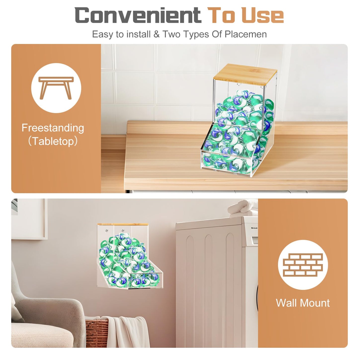 JYPS Laundry Pods Container, Acrylic Dishwasher Pods Holder w/ 2 Lids, Dispenser For Powder, Dryer Balls, Beads, Soap Organizer For Room Desktop / Wall Mount, Snack Candy Organization Storage