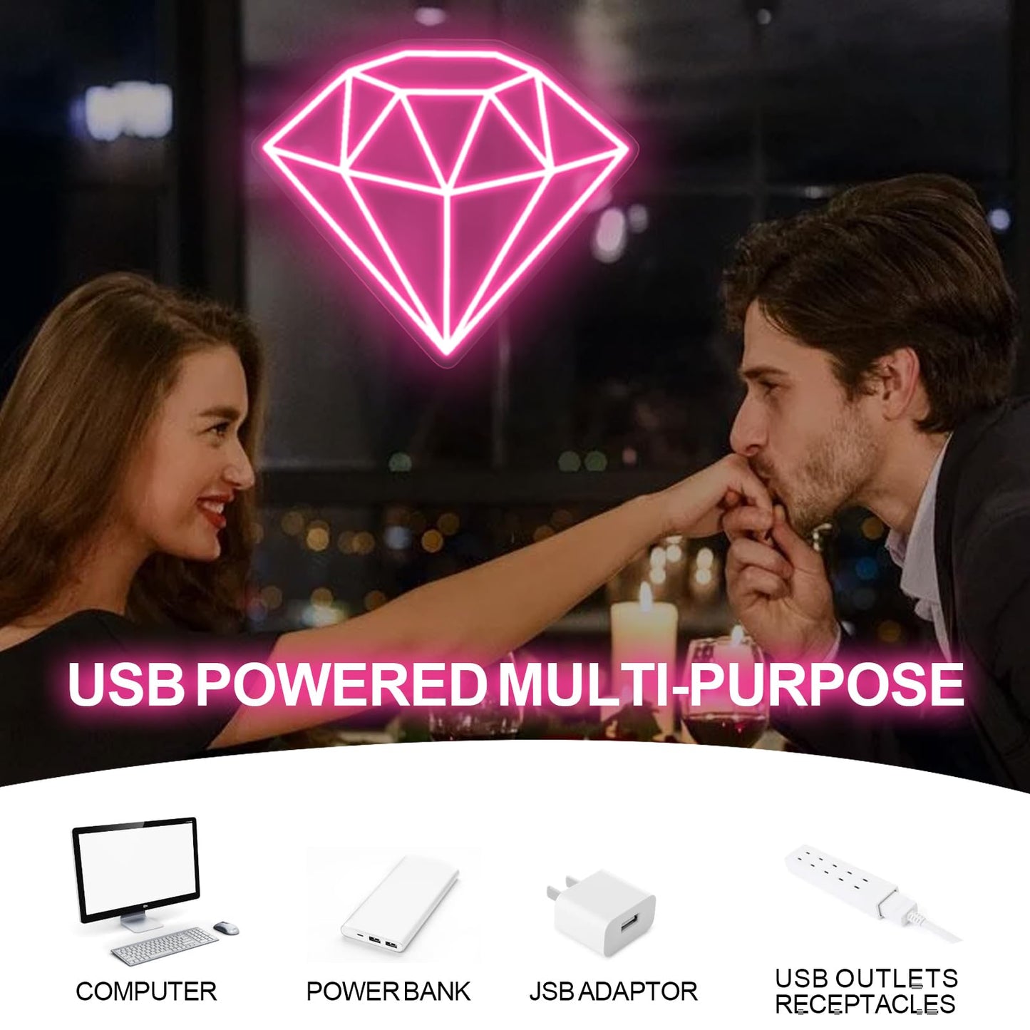 Diamond Neon Sign for Wall Decoration, Glowing Neon Sign, Adjustable Brightness Shining LED Sign Night Light for Man Cave Bedroom, Wedding, Living Room, Party, Bar, Office Decoration-Pink