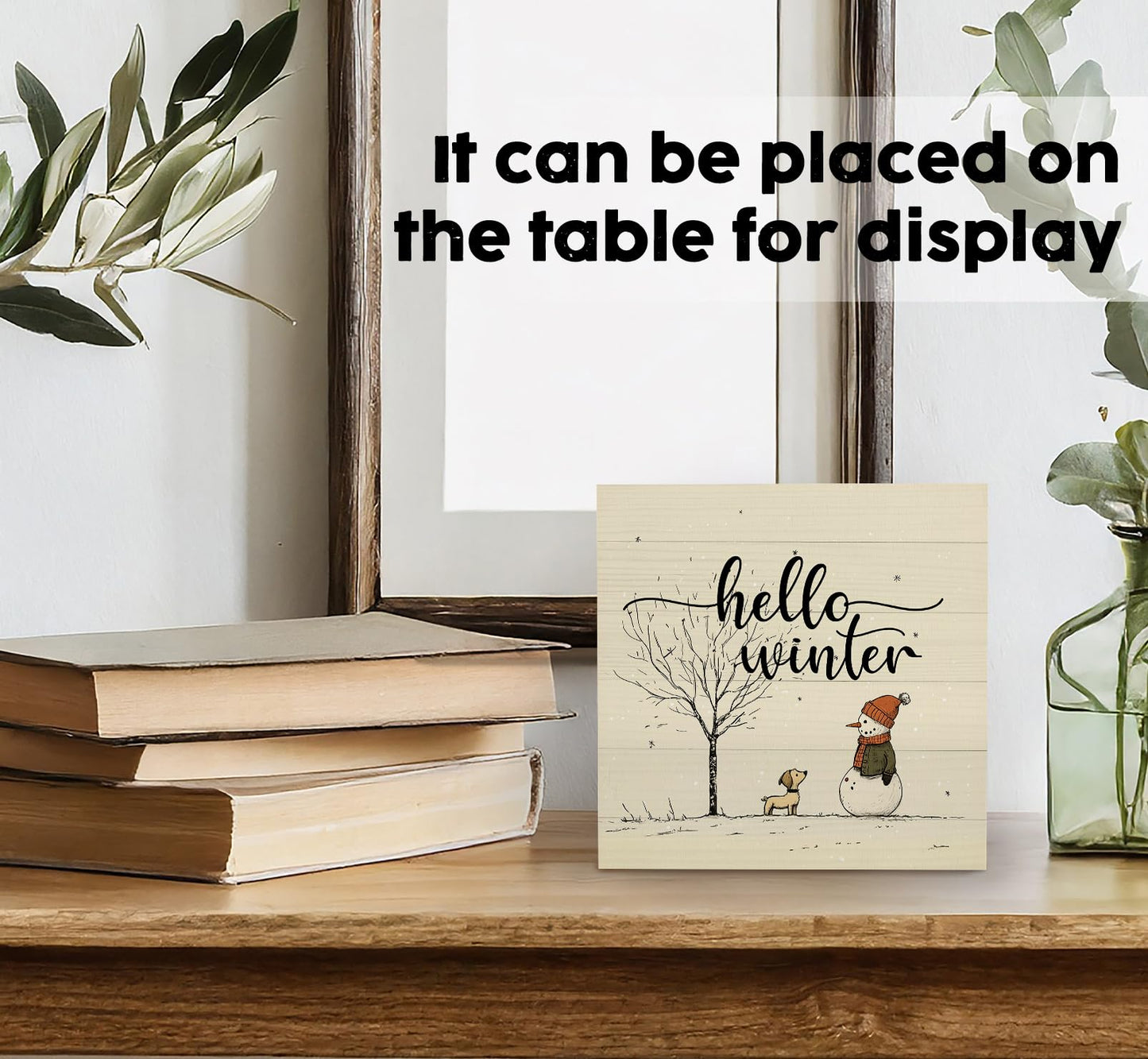 Nitelat Hello Winter Sign, Winter Decorations for Home, Christmas Snowman Snowflake Wooden Box Sign, Snowman Christmas Wood Signs for Home Office Desk Table Shelf Decor, 5x5 Inch