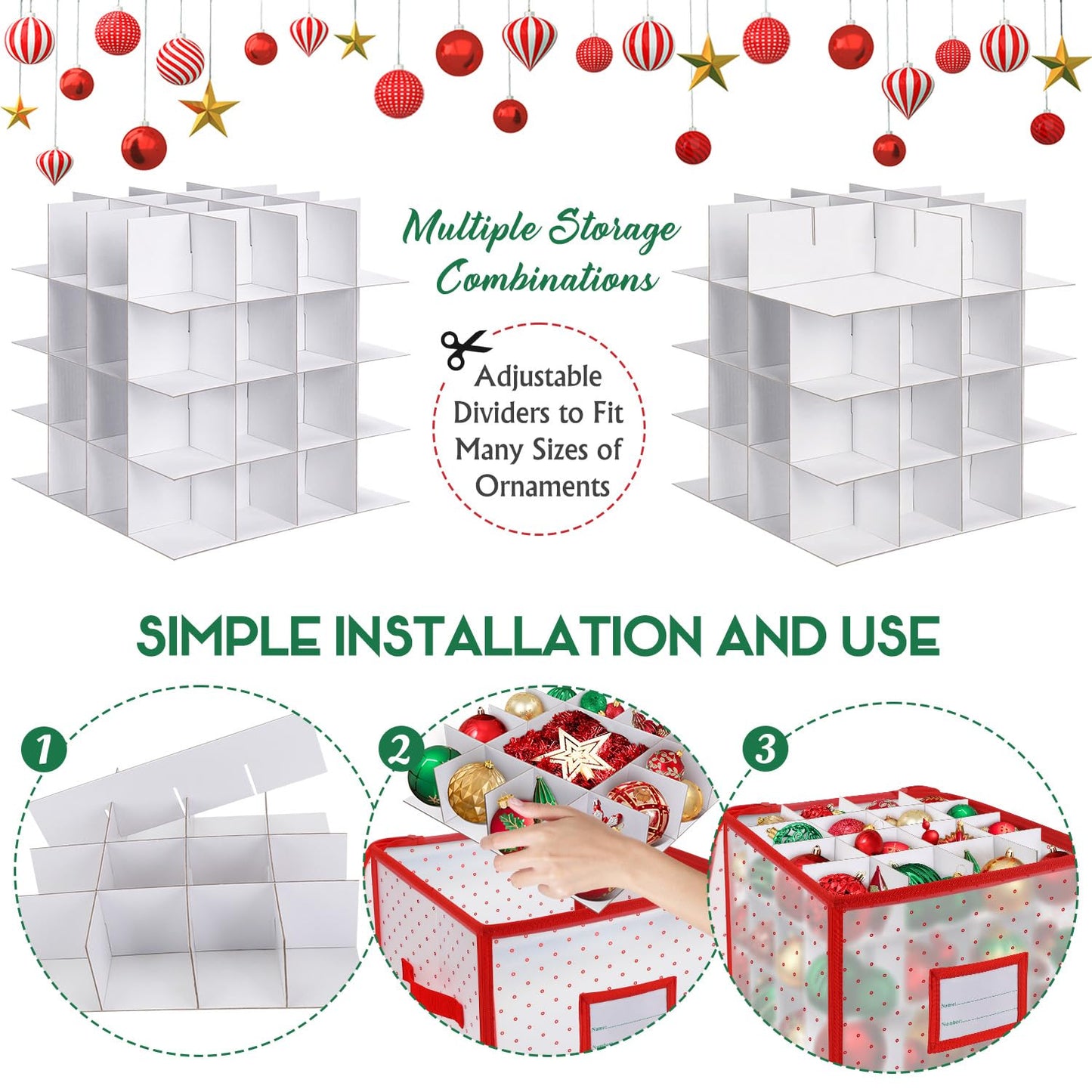 BINSUNS Christmas Ornament Storage Box, Christmas Storage Containers Organizer Bag with Dividers - Fits up to 64 Holiday Xmas Ornaments Decorations 3" Seasons Balls(Red)