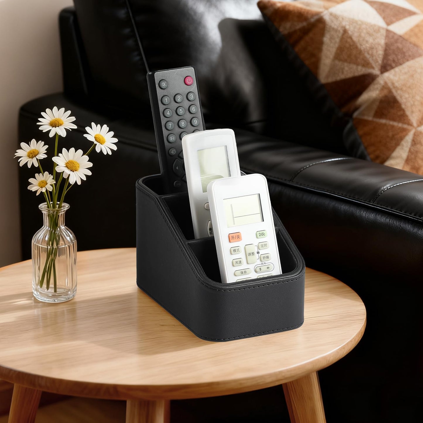 NICLNGSH PU Leather Remote Control Holder, Small Desk Organizer Office Supply Bedside Caddy for Nightstand End Table Couch, Pen Remote Organizer with 3 Compartments (Black)