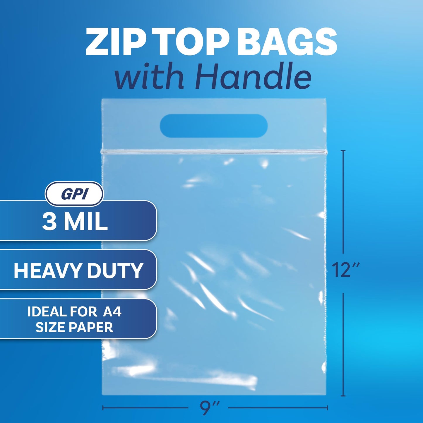 Biodegradable 9" X 12" Plastic Zip Bags With Handle For Carrying, 100 Count Heavy-Duty 3 Mil Clear Reclosable Eco-Friendly Poly Baggies, Zip Top Lock for A4 Letter Size Paper, Food Storage & Clothing