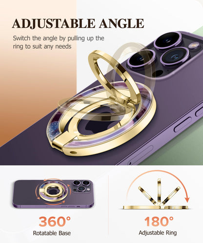 GVIEWIN Magnetic Phone Ring Holder, Compatible with MagSafe Phone Grip with Adjustable Stand, Magnet Phone Ring Kickstand for iPhone 17/16/15/14/13/12 Pro Max Plus Air/Other Phones (Glitter/Silver)