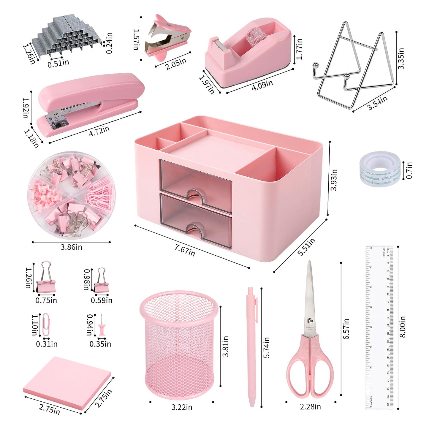 Pink Desk Organizers and Accessories 12+1Pcs, Office Supplies for Desk, Pen Organizer with 2 Drawers with Stapler,1000 Staples, Phone Holder, Tape Dispenser, Pen Holder, Sticky Note, Clips, Ruler,Etc