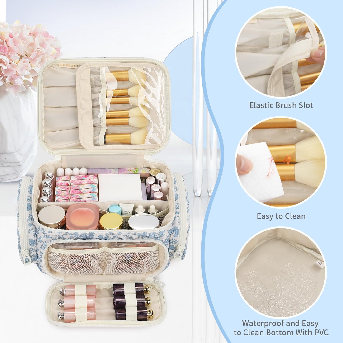 Makeup Bag with Multi-Pockets,Travel Cosmetic Bag with 2 Transparent Side Pockets for Easy Small Item Finding, Enlarged Internal Compartments, Large Capacity Waterproof Bottom Makeup Organizer -Floral