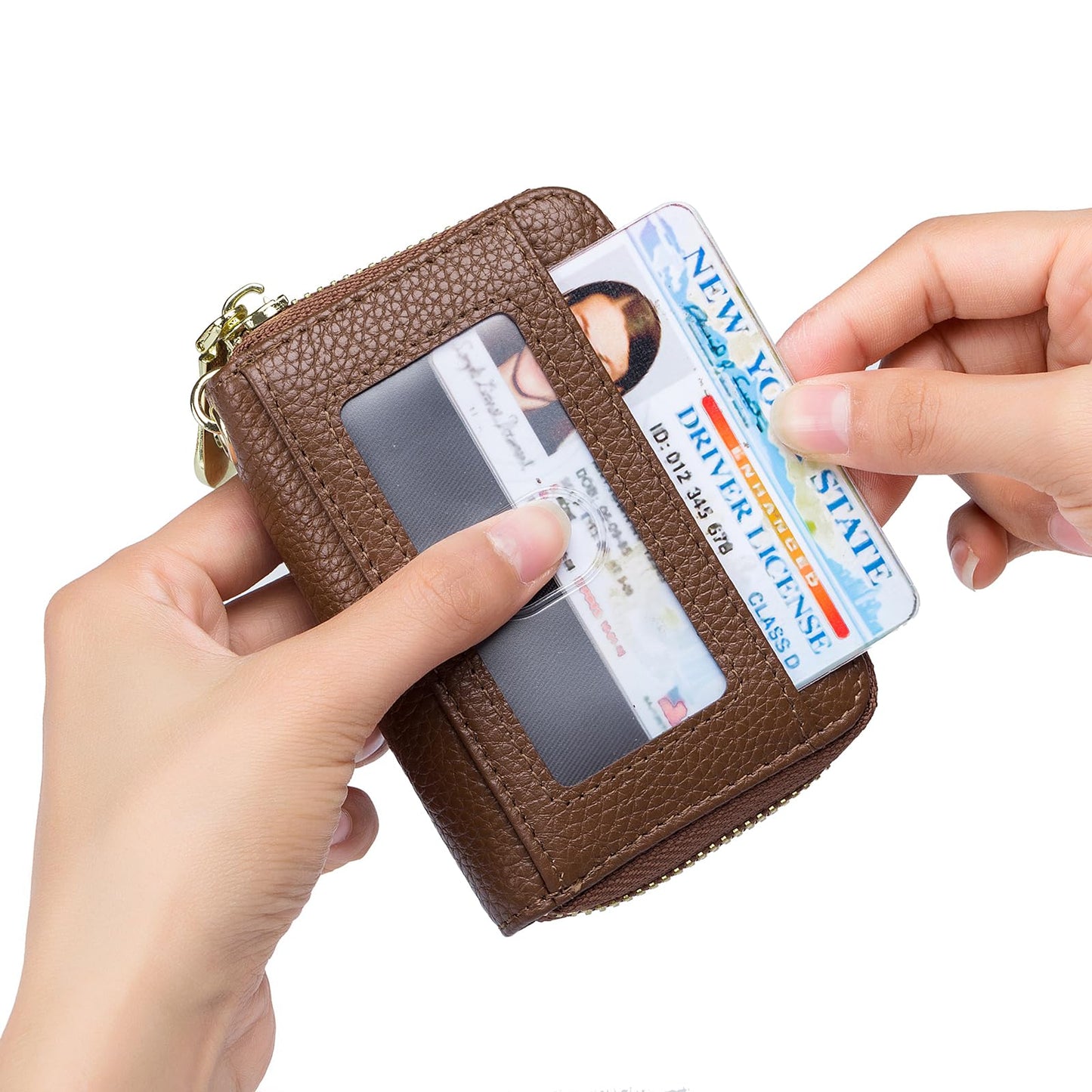imeetu RFID Credit Card Wallet, Genuine Leather Zipper Card Case Holder with Removable Keychain(Max - Brown)