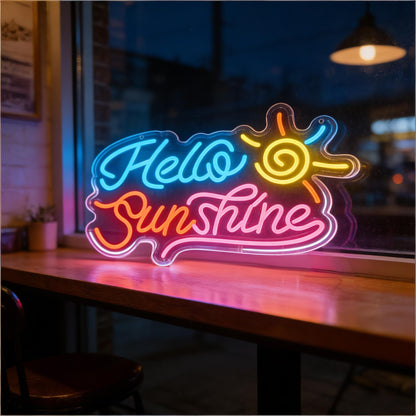 Hello Sunshine Neon Sign, LED Light Up Decorative Sign, USB Powered Dimmable Neon Light, Home Bedroom Living Room Kitchen Window Wall Decor, Cheerful Art Decor Gift for Kids Teens Adults Friends