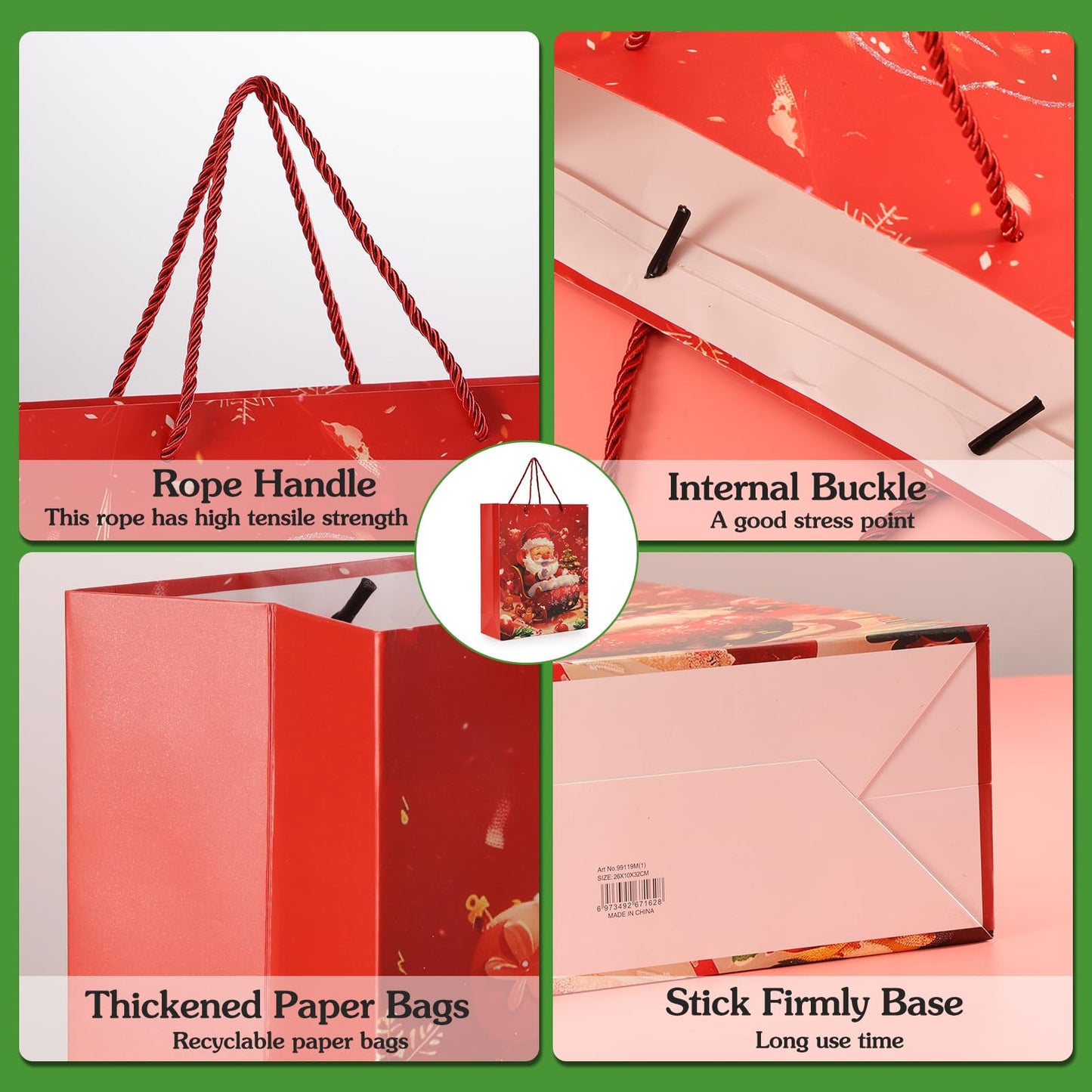 Rusikia 12 Christmas Gift Bags with 12 Tissues Paper 1 Satin Ribbon - Small