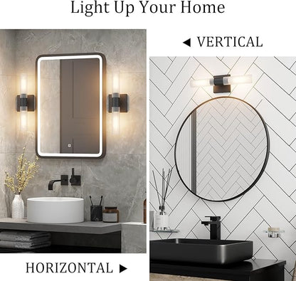 Black Wall Sconces Set of Two,15.7in Dimmable Hardwired LED Sconce Lighting Modern Indoor Vanity Sconce with Frosted Glass Shade for Bathroom Hallway(Bulbs Included)