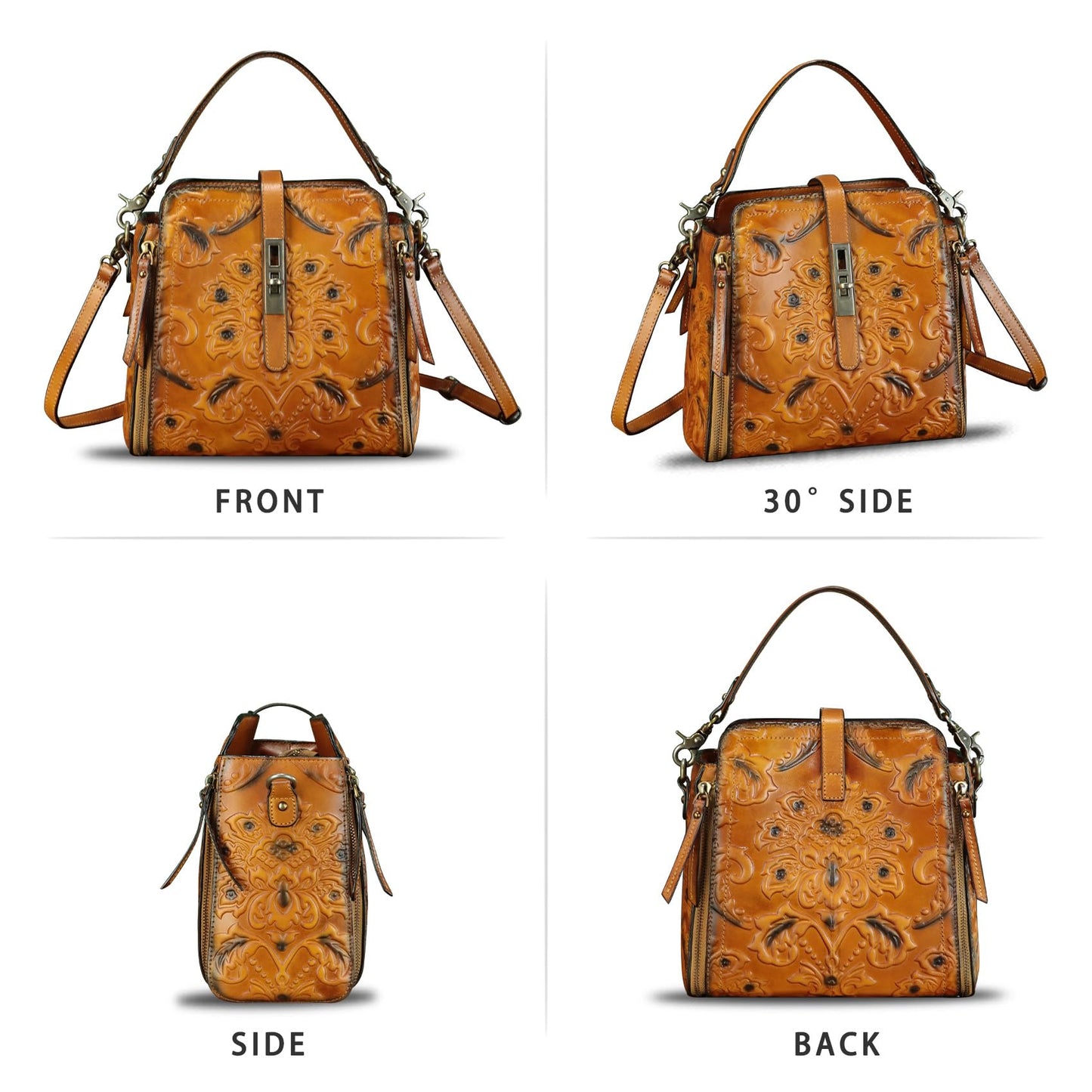 Genuine Leather Purses and Handbags for Women Retro Embossed Crossbody Shoulder Bag Satchel Pouches (Brown)