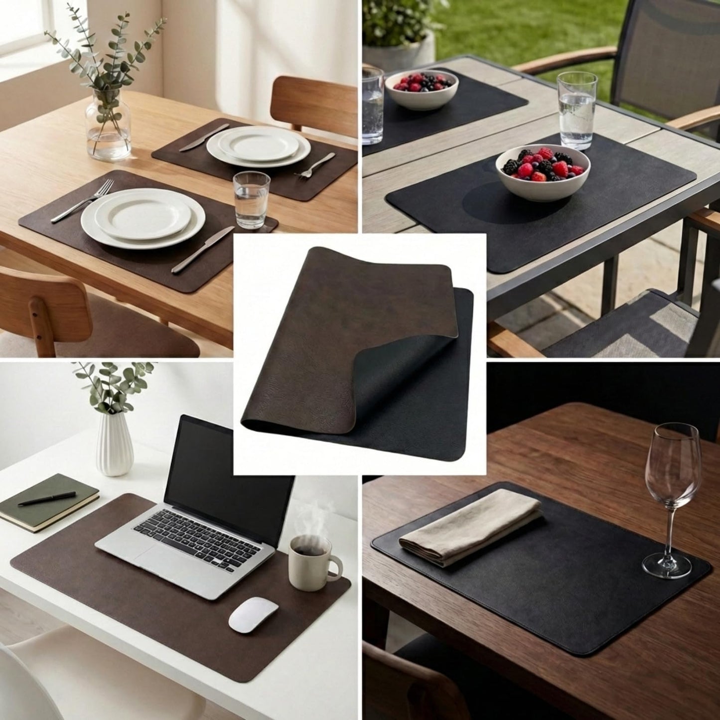 Premium Faux Leather Placemats Set of 6 – Waterproof, Heat-Resistant, Reversible & Non-Slip Table Mats for Kitchen, Dining, Indoor/Outdoor Use (Black & Dark Brown)