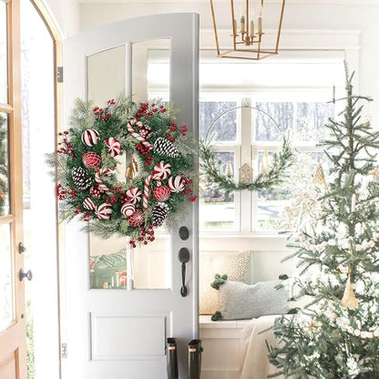 24 inch Christmas Door Wreath, Norfolk Pine Wreaths for Front Door with Candy Cane Red and White Ball Pinecones Berries for Fireplace Xmas Decorations, Wall Window Indoor Outdoor Decor