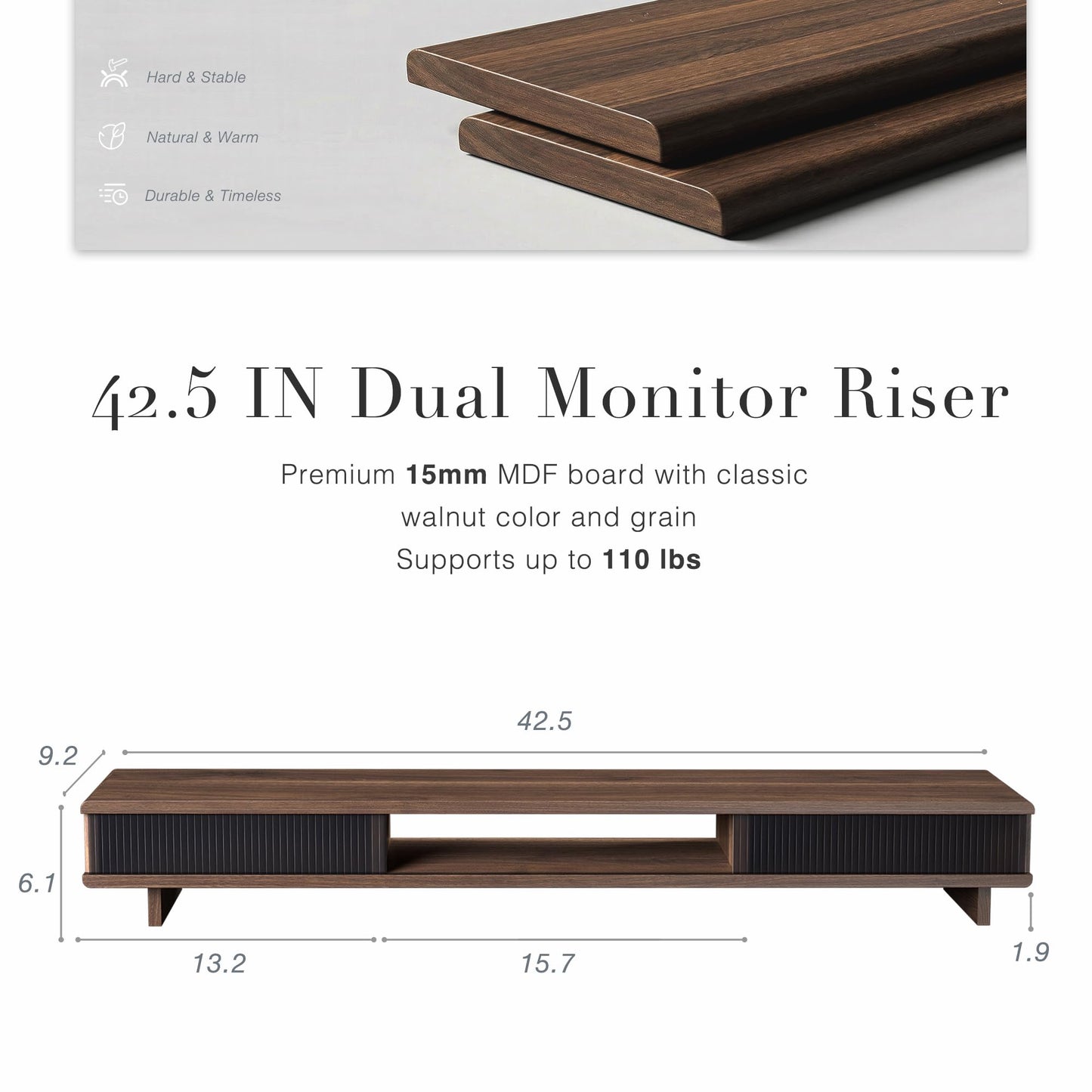 UniAbode Dual Monitor Riser with Sliding Doors & Storage - 42.5" Extra Wide Dual Monitor Stand for Desk Organizer,Desk Shelf for Office & Gaming - Acrylic Wave Design,110 lbs Capacity,Walnut