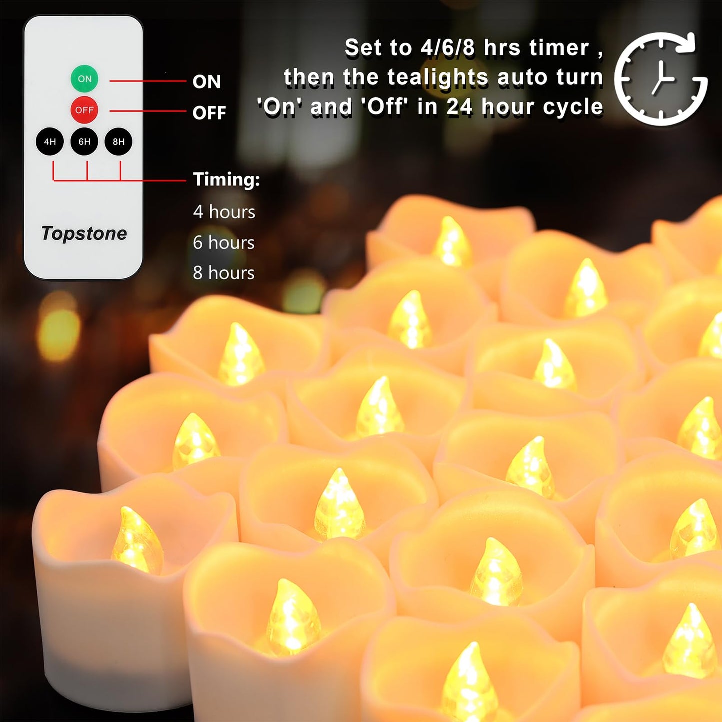Topstone Flameless Candles with Remote Control, Battery-Operated LED Electronic Candles, 400+ Hours with CR2450 Battery, Yellow Glow, Flickering Realistic Fake Candles for Home Decor, Wedding, Party
