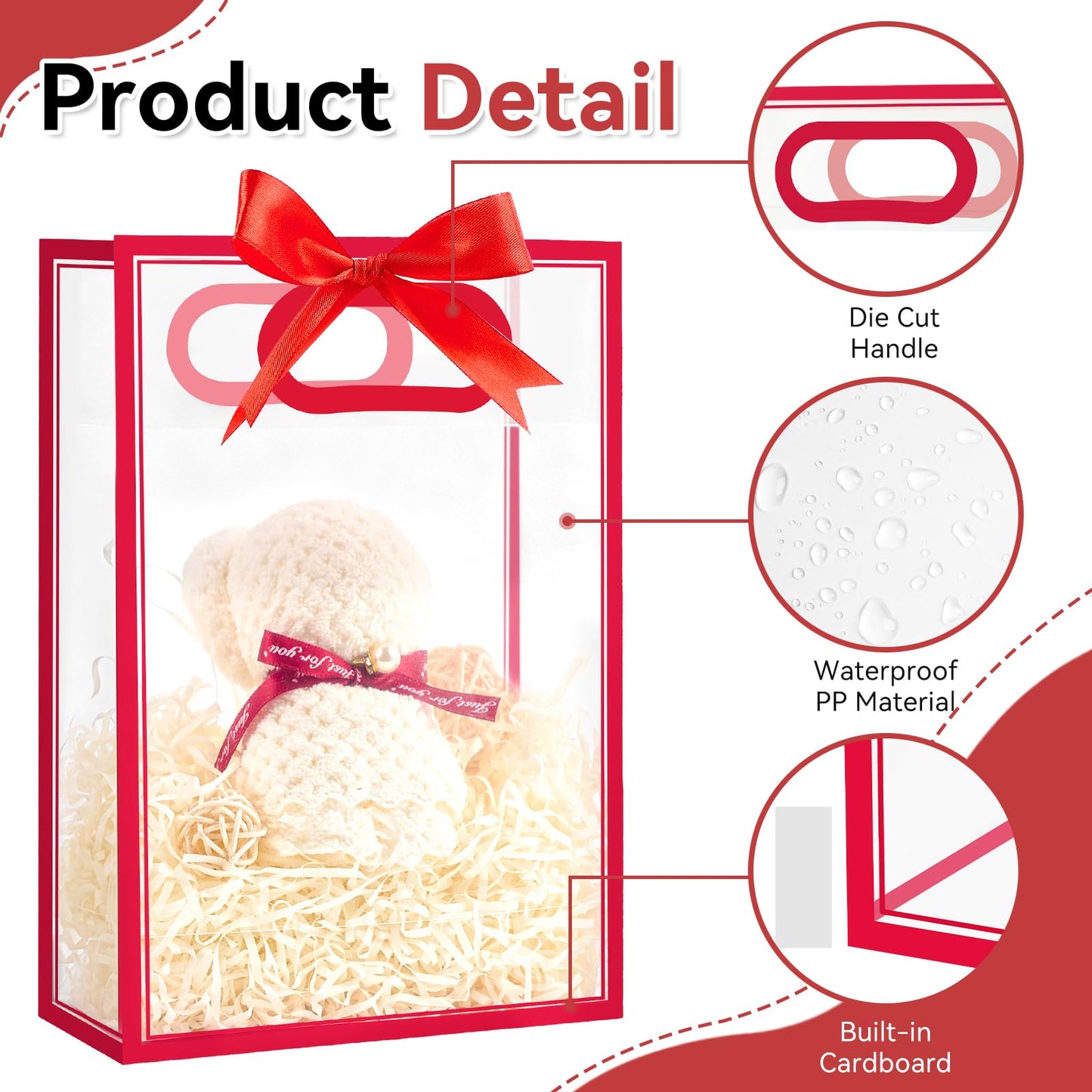 Ohuimrt Clear Plastic Gift Bags with Handles, 12 Pack, Red