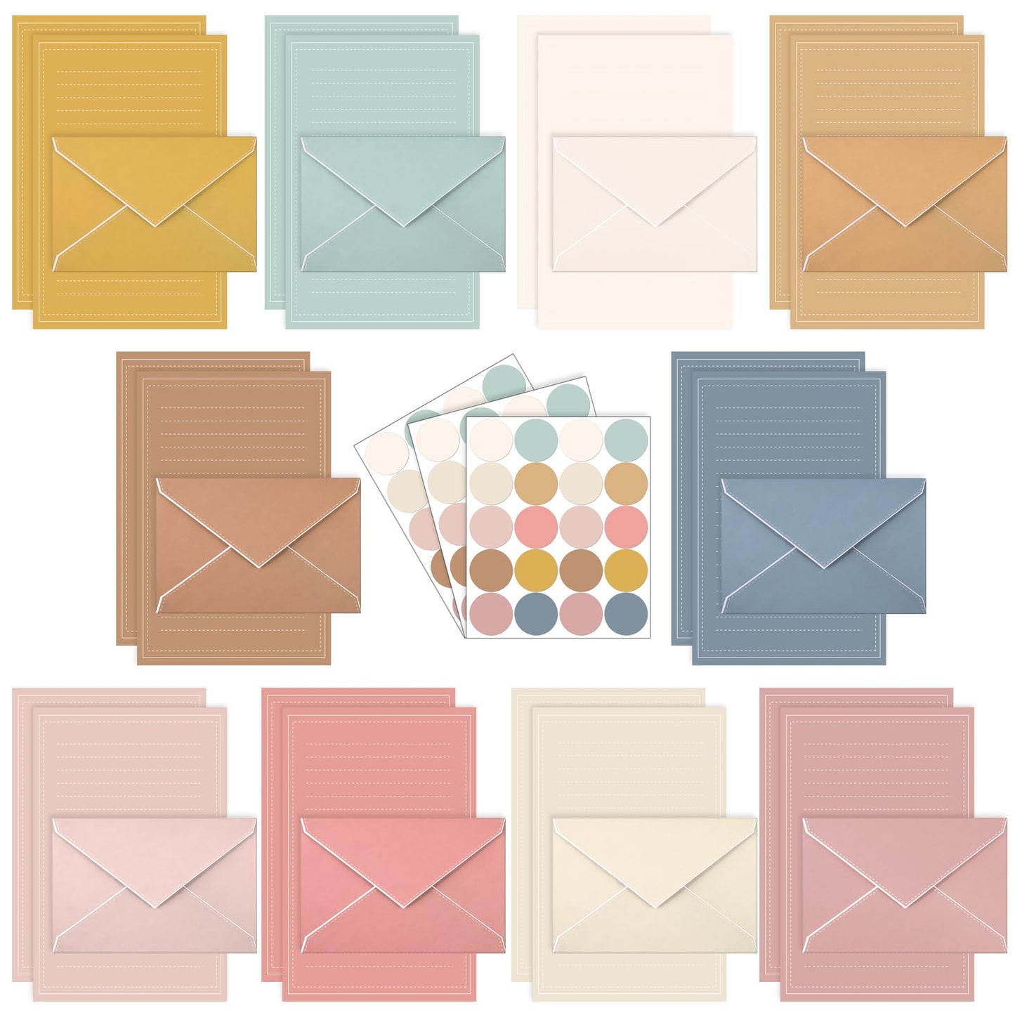 TaoBary 160 Packs Stationery Paper Set (50 Double Sided Stationery Writing Papers 50 Matching Envelopes) 60 Round Dot Sticker, 10 Design (5.5 x 8.25 Inch,Boho Color)
